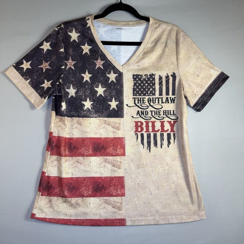 The Outlaw & Hill Billy American Flag Rayon Stretch Print Womens Patriotic blous